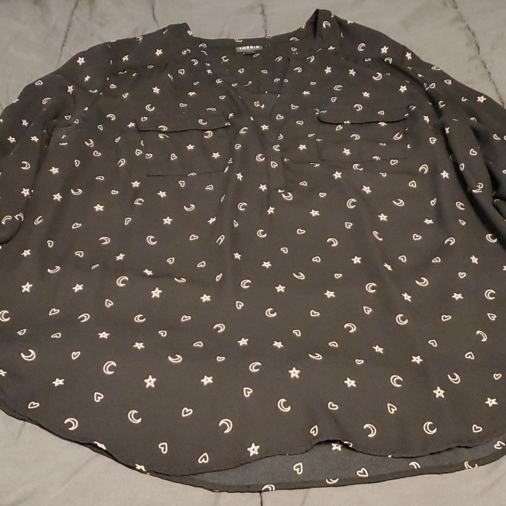 Black & pink heart, star and moon print blouse.